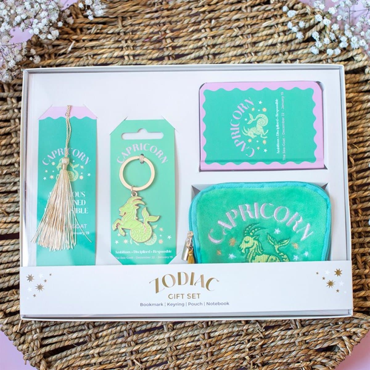 Capricorn sea-goat bookmark, keyring, mini notebook and velvet pouch in a box