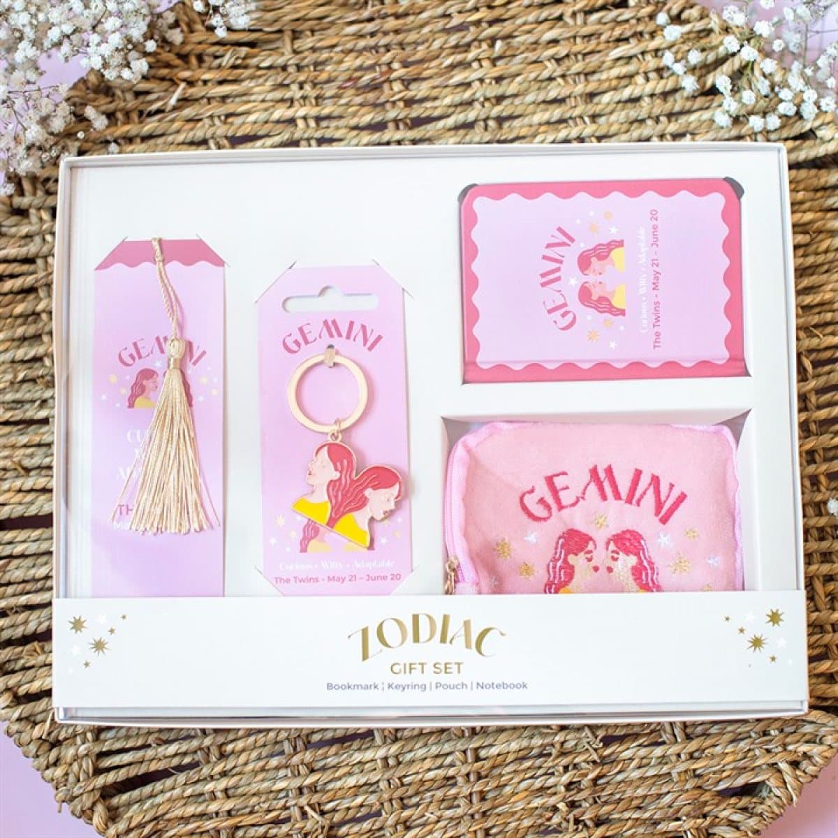 Gemini zodiac colour cardboard box with bookmark, keyring, mini notebook and velvet pouch