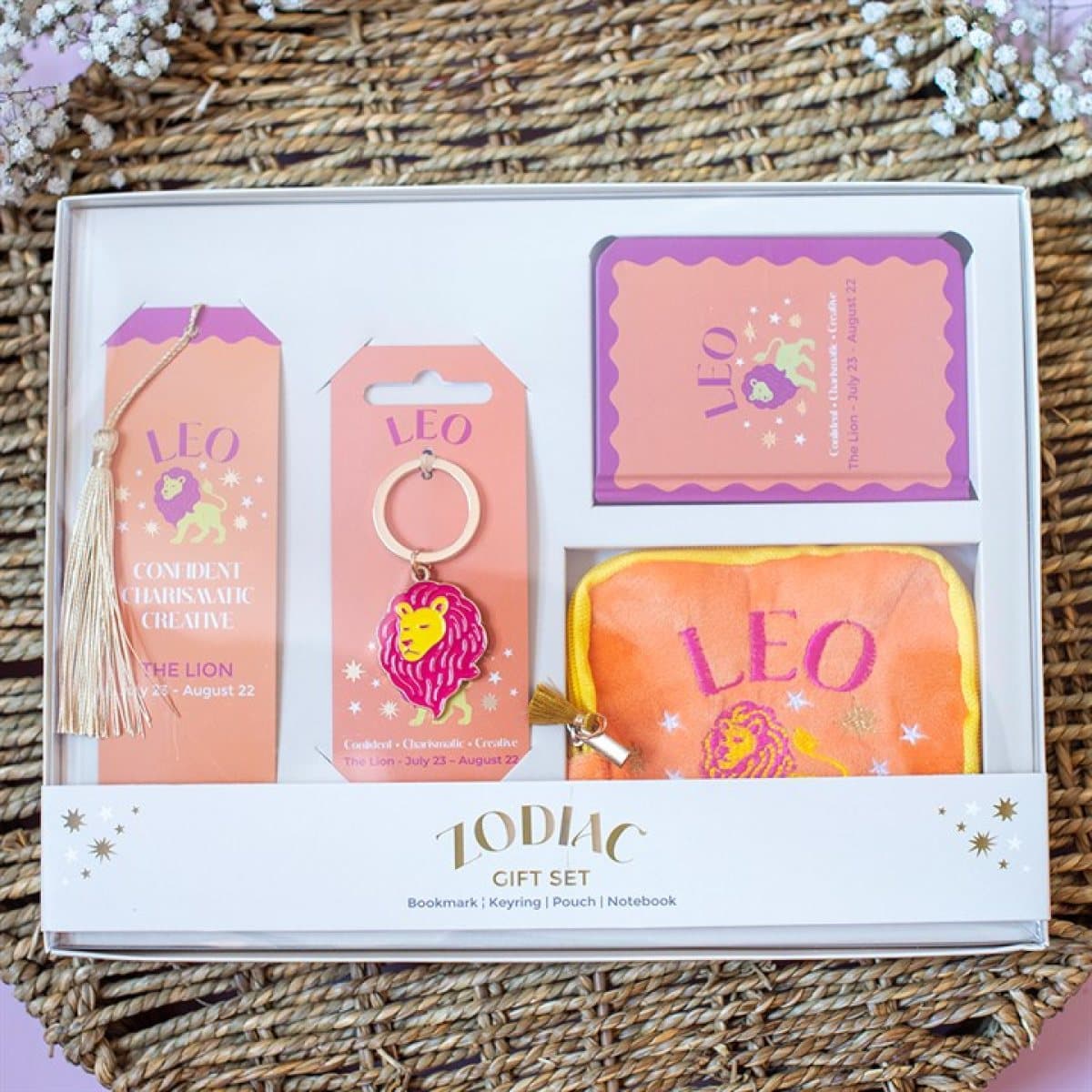 Leo zodiac gift set with bookmark, keyring, notebook and pouch in a box