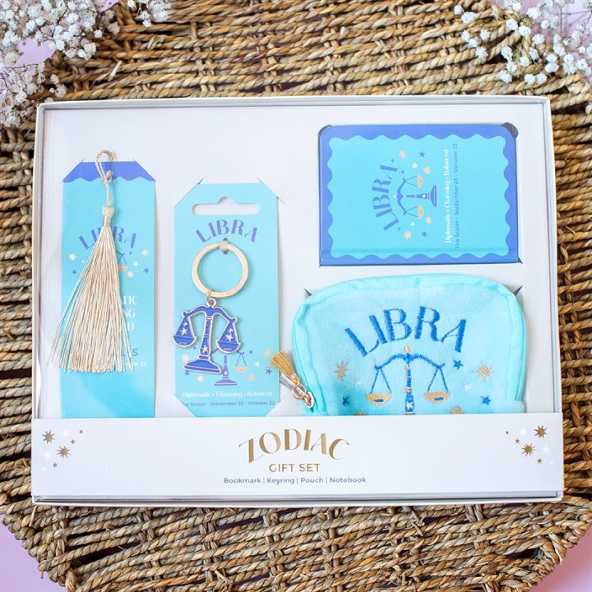 Libra gift set with bookmark, keyring, mini notebook and velvet pouch in a box