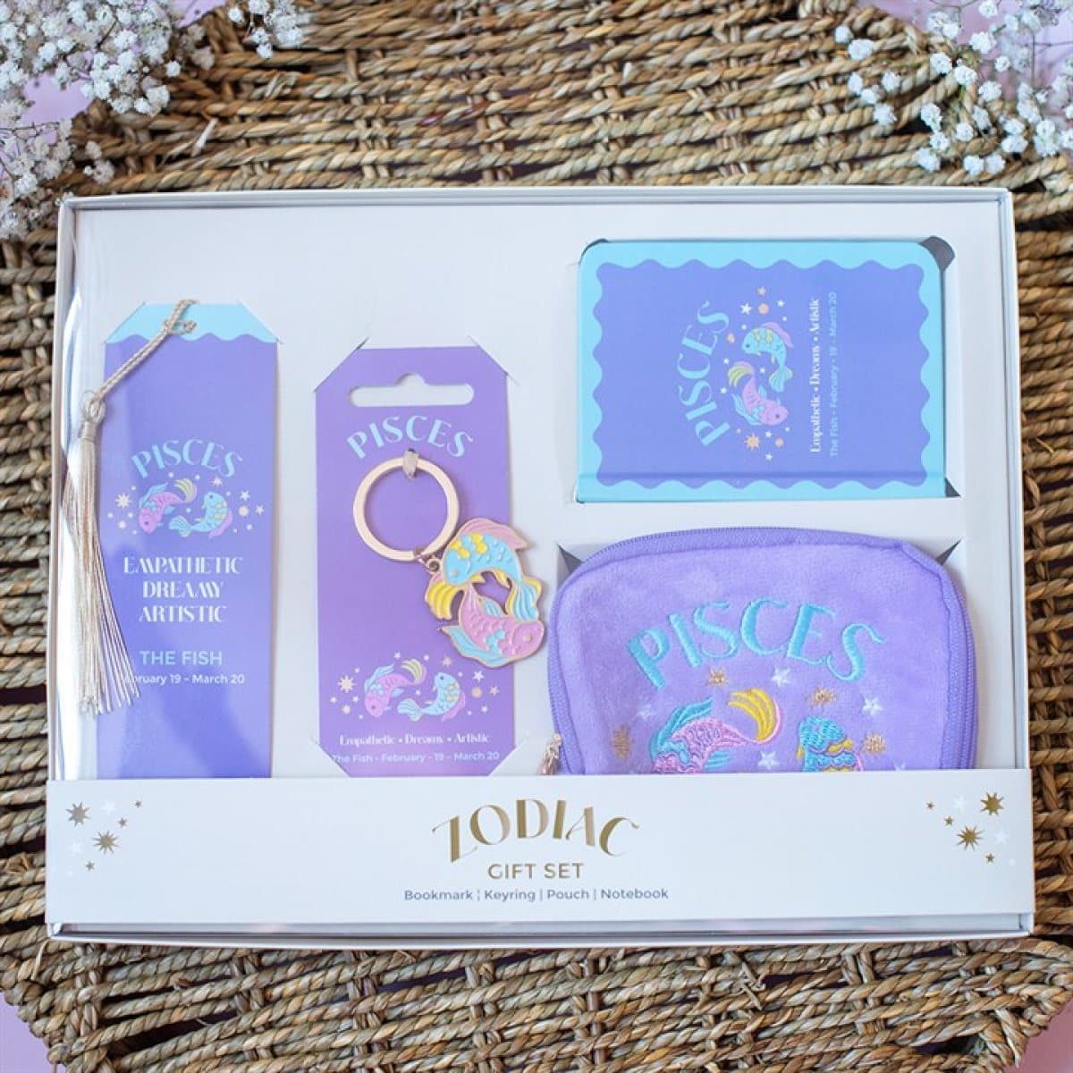 Pisces gift set with bookmark, keyring, notebook and pouch in a box