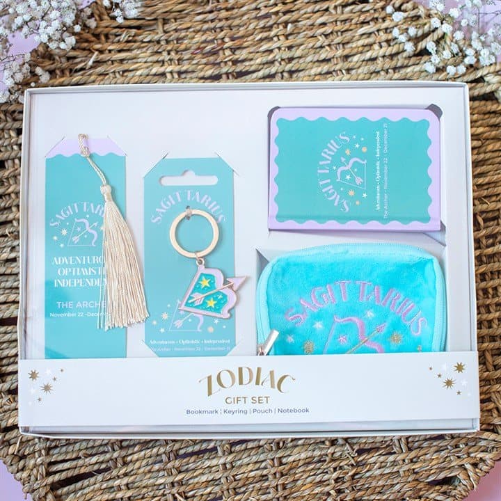Sagittarius gift set with bookmark, keyring, mini notebook and velvet pouch in a box