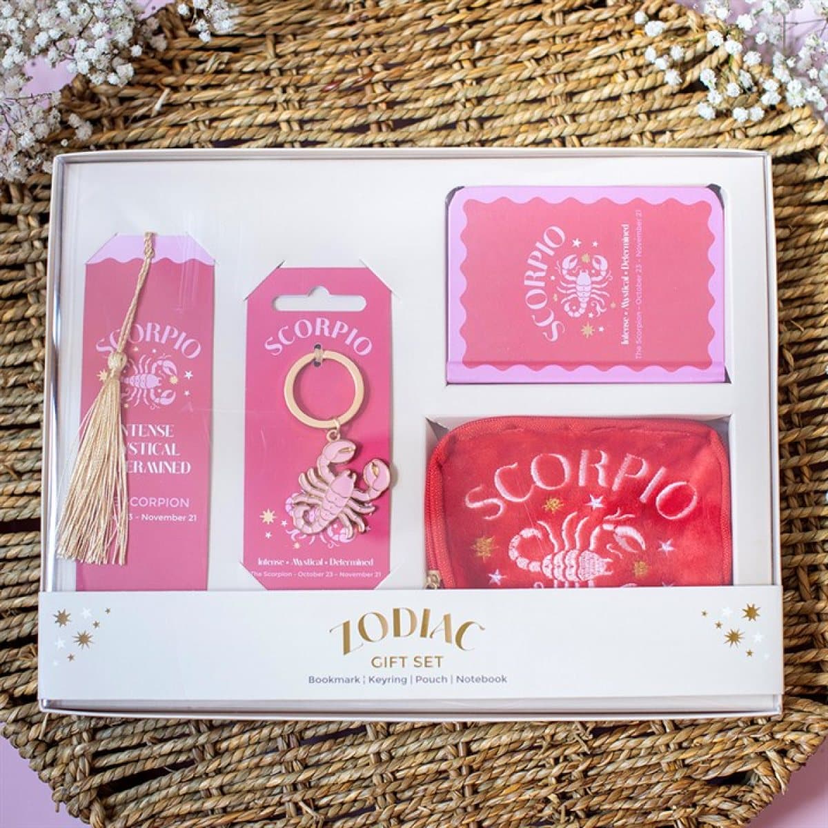 Scorpio zodiac gift set with bookmark, keyring, mini notebook and velvet pouch in a box