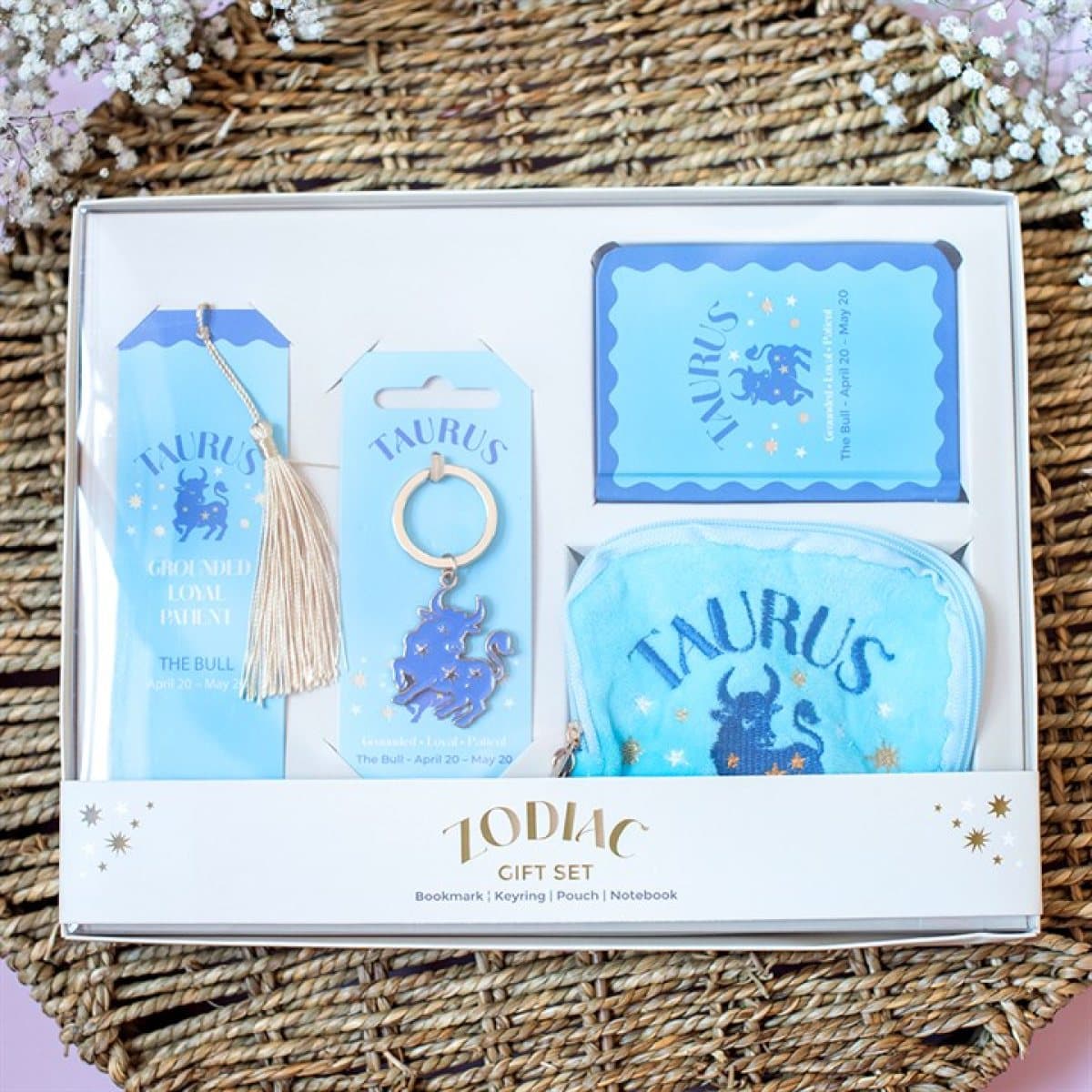 Taurus zodiac bookmark, keyring, mini notebook and velvet pouch in a box