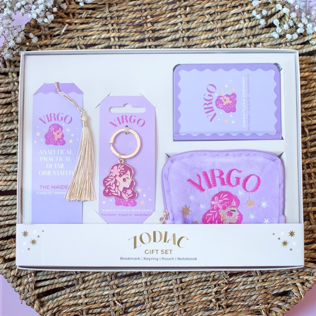 Virgo zodiac gift set with bookmark, keyring, notebook and velvet pouch