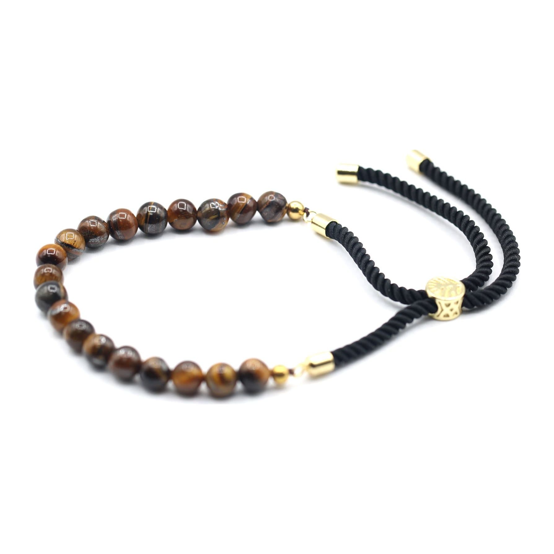 Tiger eye gemstone bracelet on black string with a gold plated sliding toggle