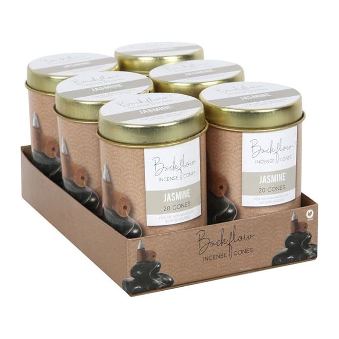 Six tins of Elements jasmine jumbo backflow incense cones in a display box