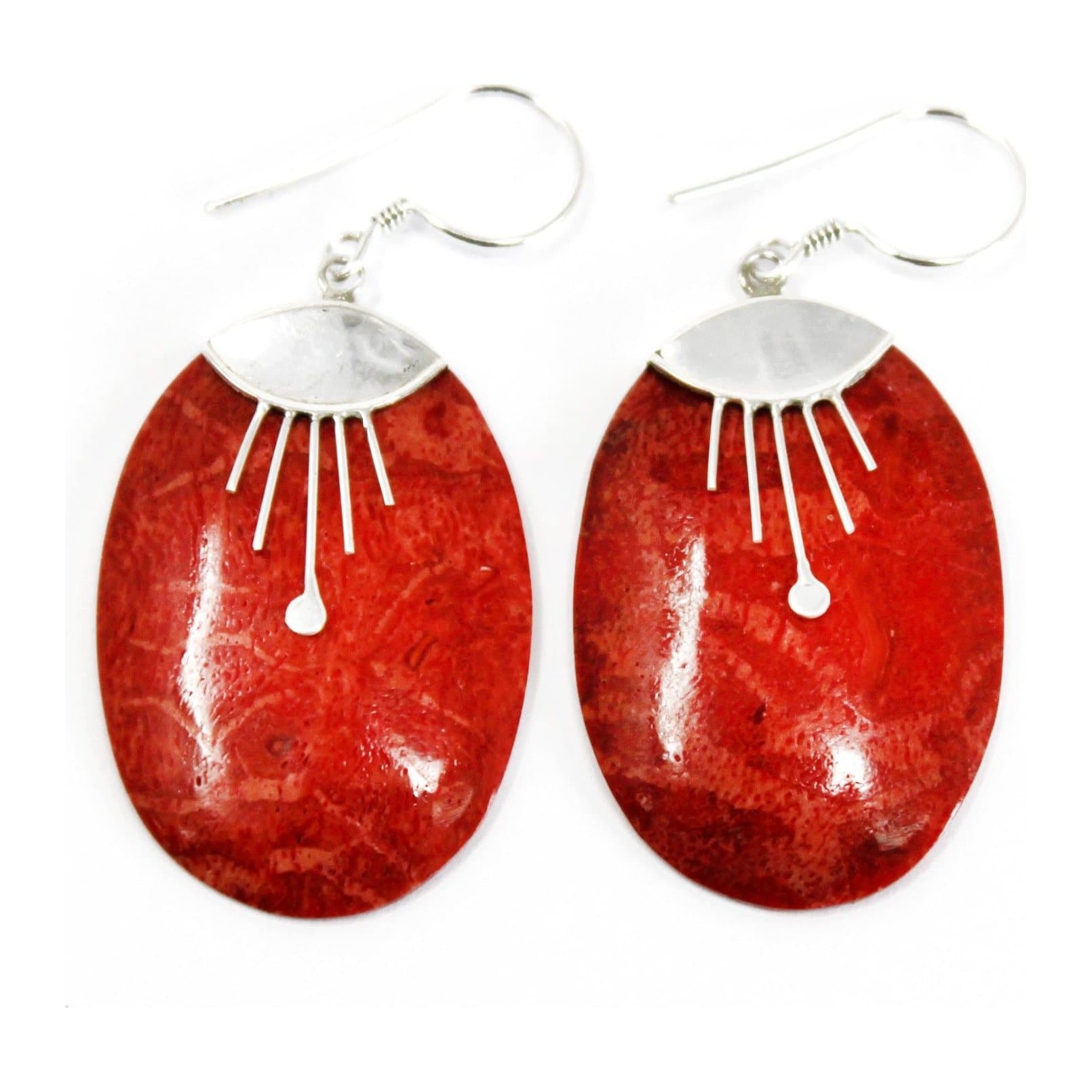 Oval 925 silver earrings with a coral-look resin centre