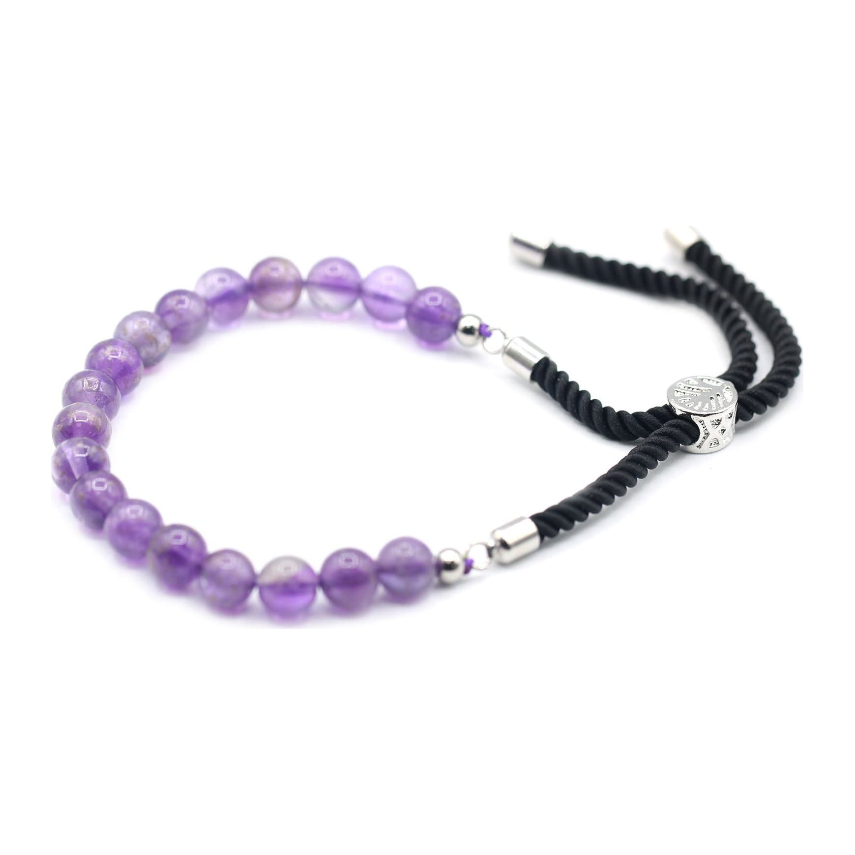 Amethyst gemstone bracelet on black string with silver plated toggle
