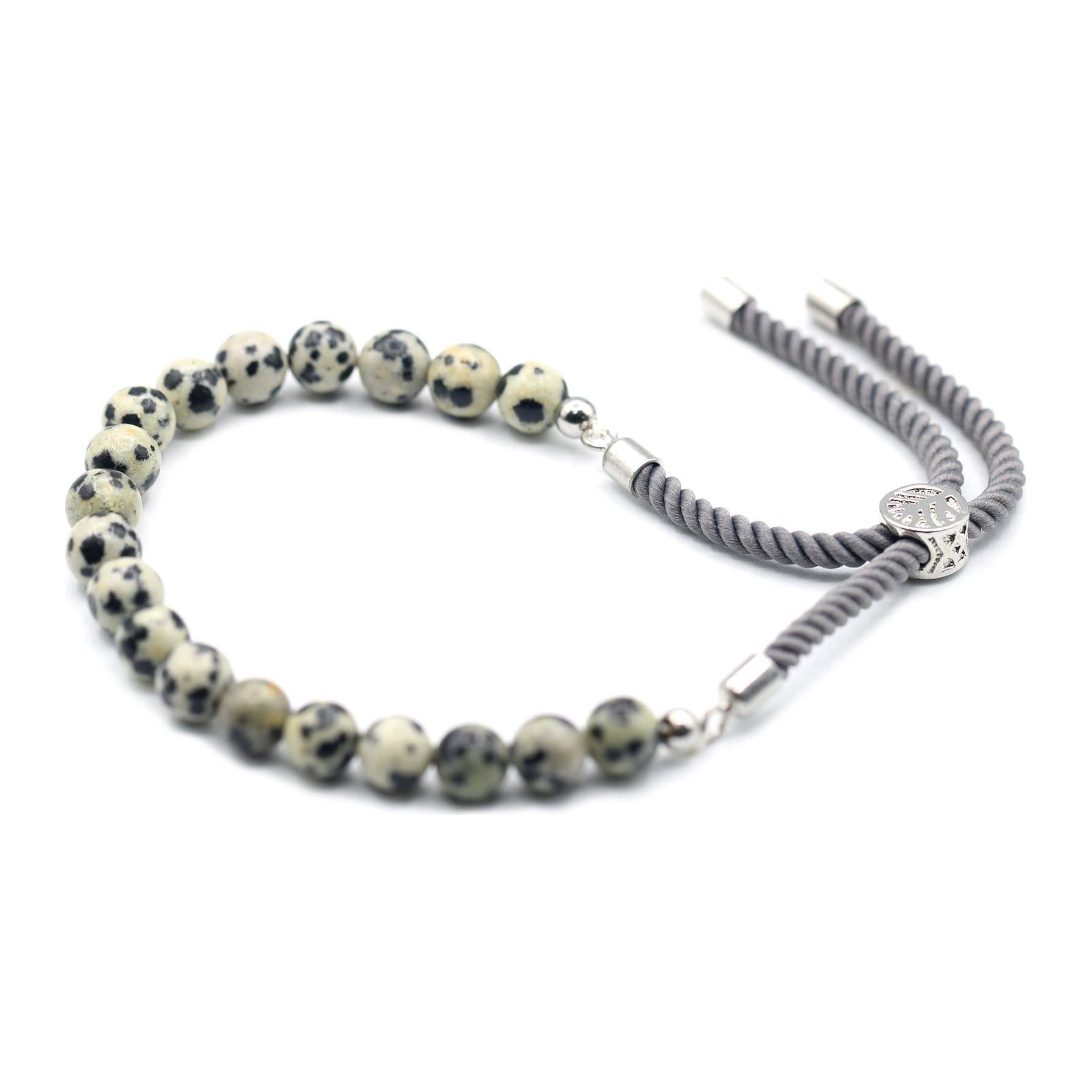 Dalmatian jasper gemstone bracelet on charcoal string with a sliding toggle