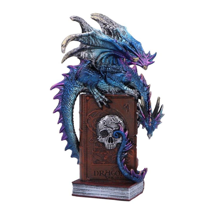 Blue dragon with purple highlights perched on a stack of books with a silver skull
