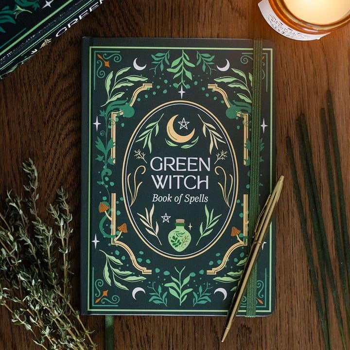 A5 notebook with a Green Witch design, elastic closure and ribbon marker