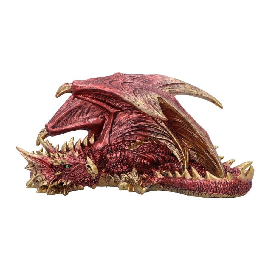 Red resin dragon figurine curled in a resting pose with yellow horns