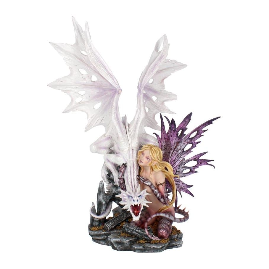 Large white dragon with a kneeling fairy on golden coins