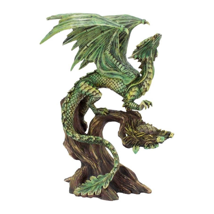 Hand-painted resin Forest Dragon with raised wings on a tree beside a nest and egg