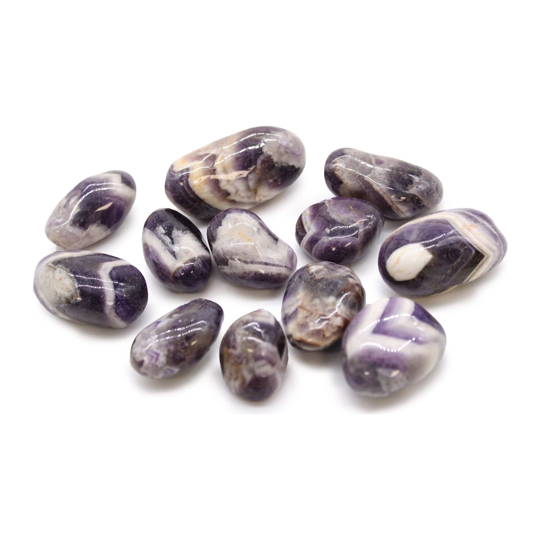 Purple and white chevron amethyst tumble stones with V-shaped stripes