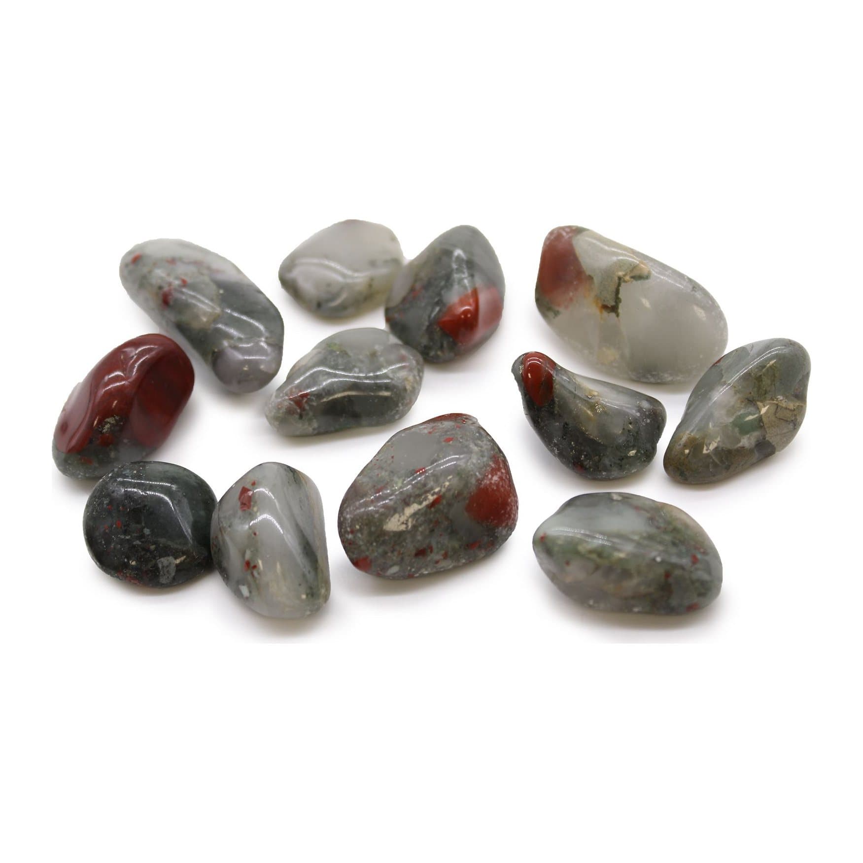 Dark green bloodstone tumble stones with red markings