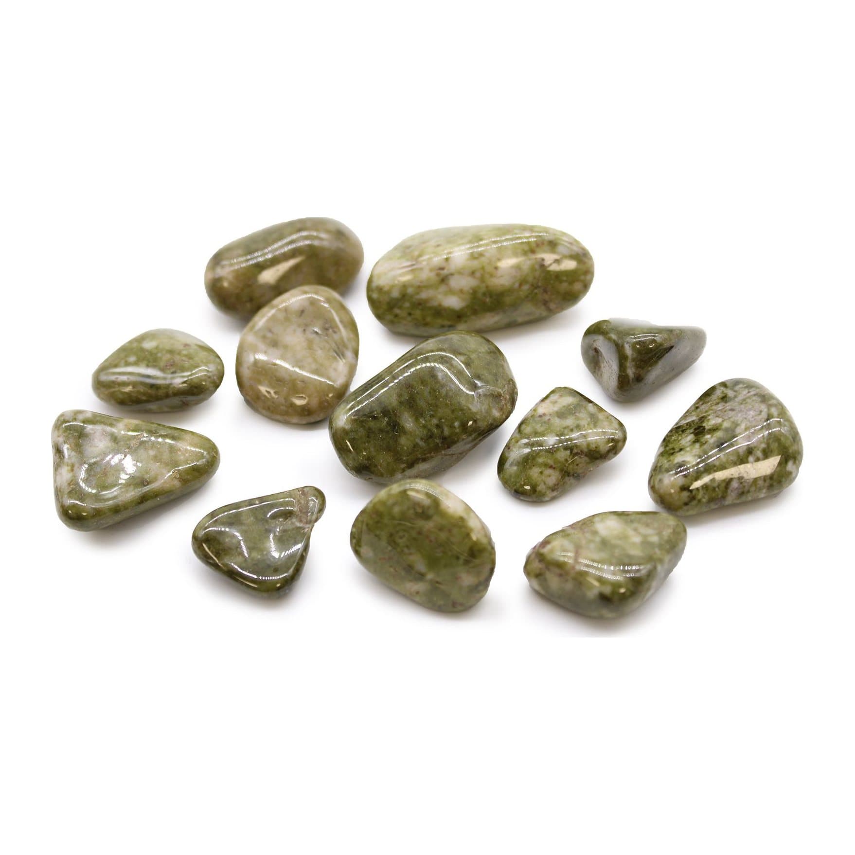 Pistachio-green snowflake epidote tumble stones with white flecks