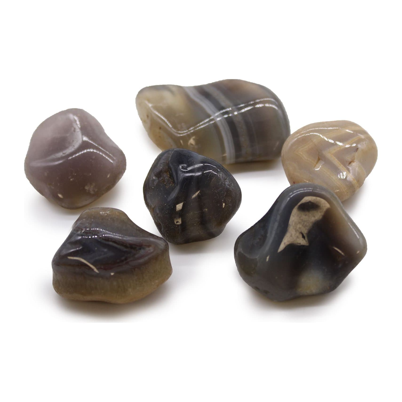 Polished grey agate tumble stones in grey-blue with white, brown and black