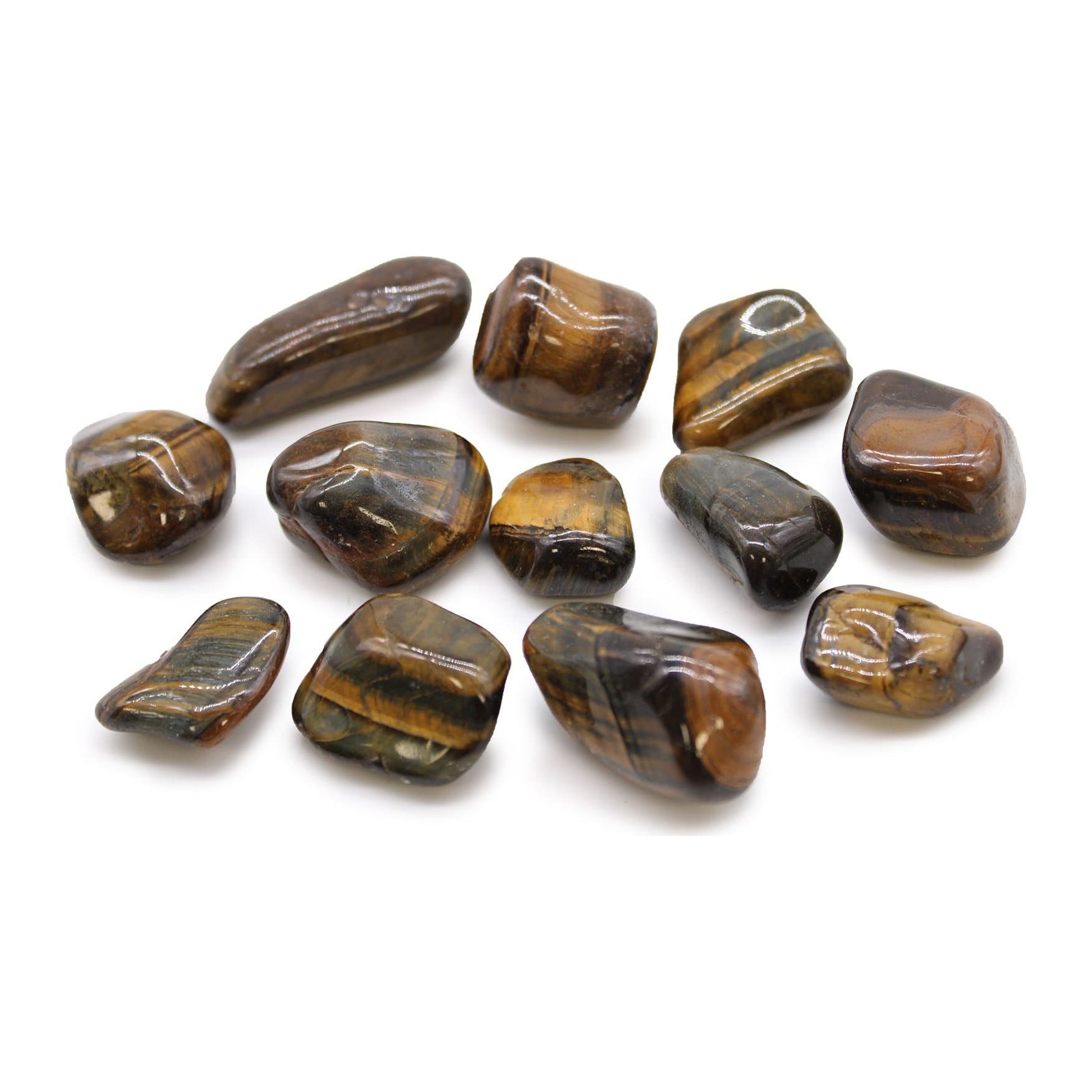 Variegated tiger's eye tumble stones showing a shimmering cat's eye effect