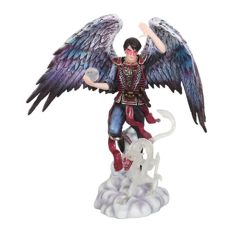 Winged wizard figurine in samurai armour with a clear orb and air dragon on a cloud