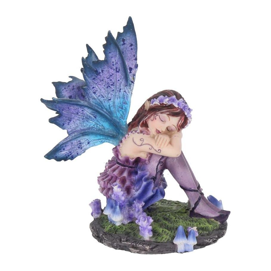 Resin fairy in a purple dress with large colourful wings, sitting with eyes closed