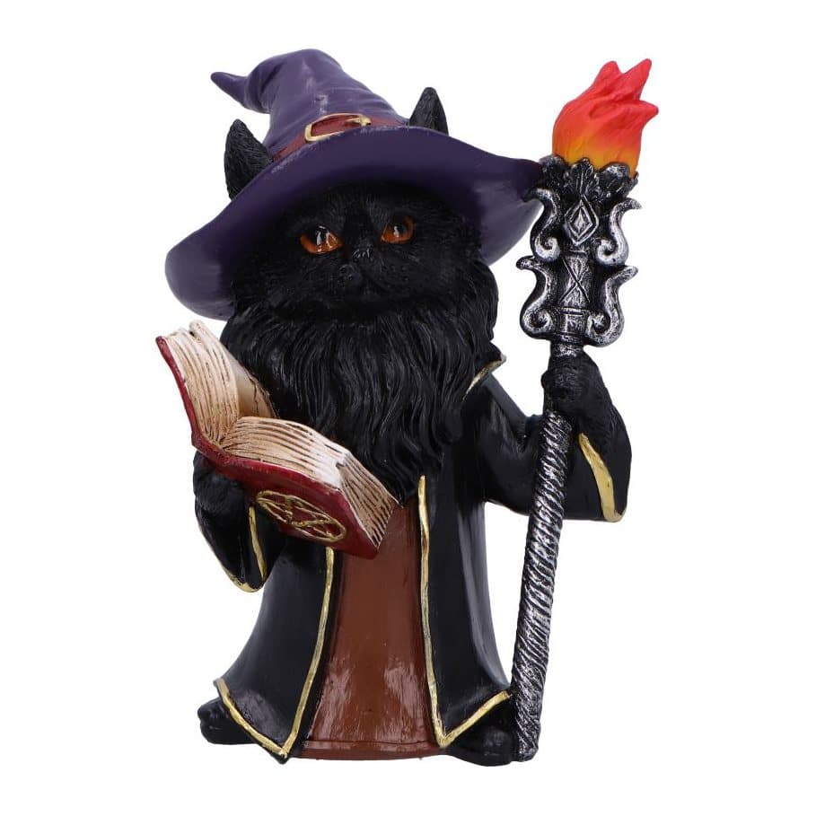 Resin black wizard cat figurine in a purple hat holding a red spellbook and torch staff