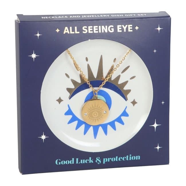 All seeing eye necklace with a matching trinket dish in a window picture box