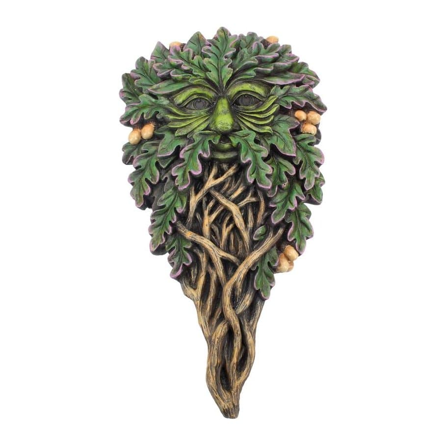 Tree spirit wall plaque with a leafy face and twisted branch beard