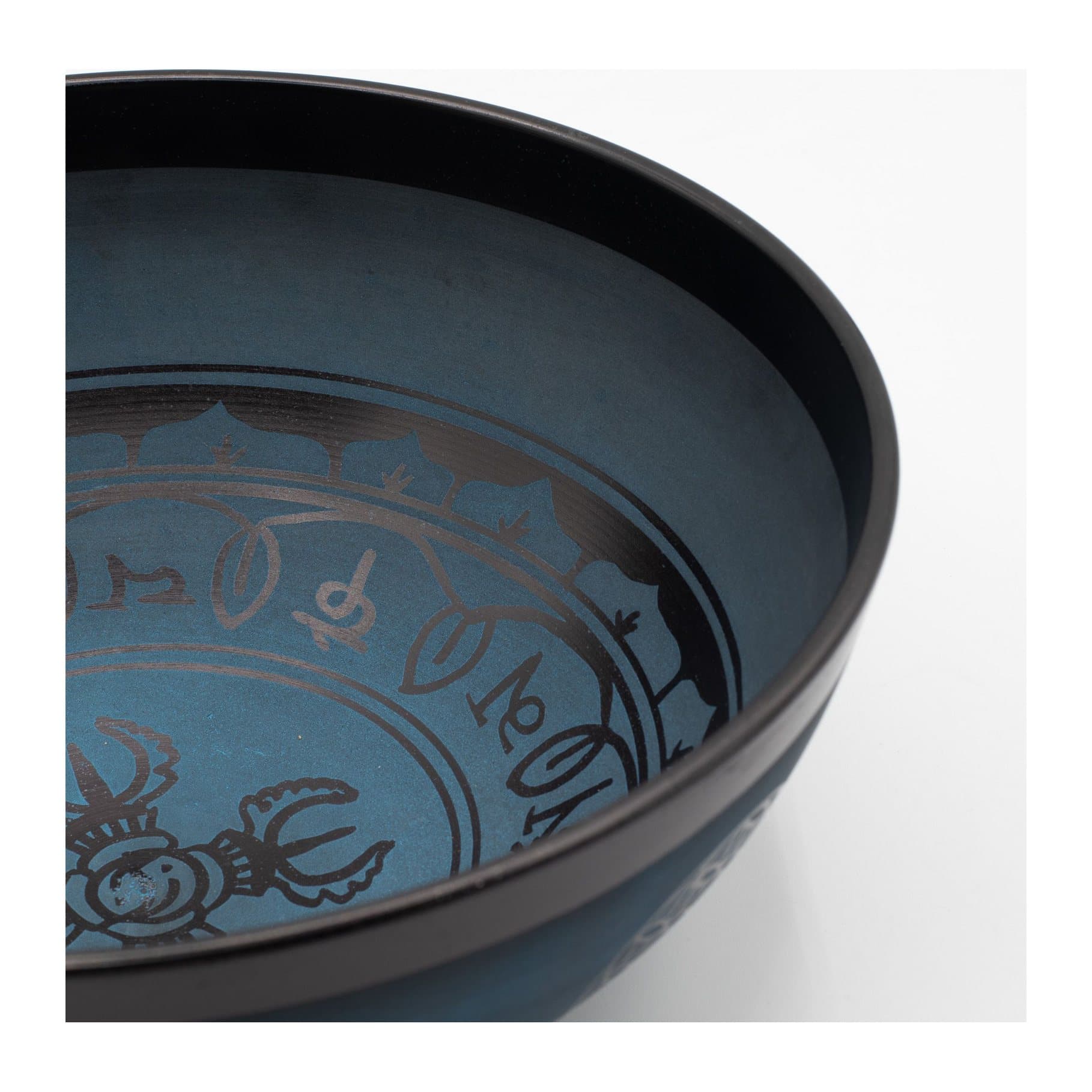 Large blue aluminium singing bowl with black Tibetan Double Dorje motifs