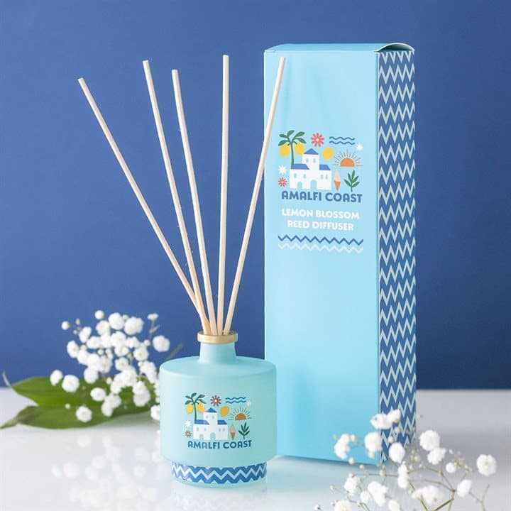 Amalfi Coast lemon blossom reed diffuser in a colour cardboard box with a window