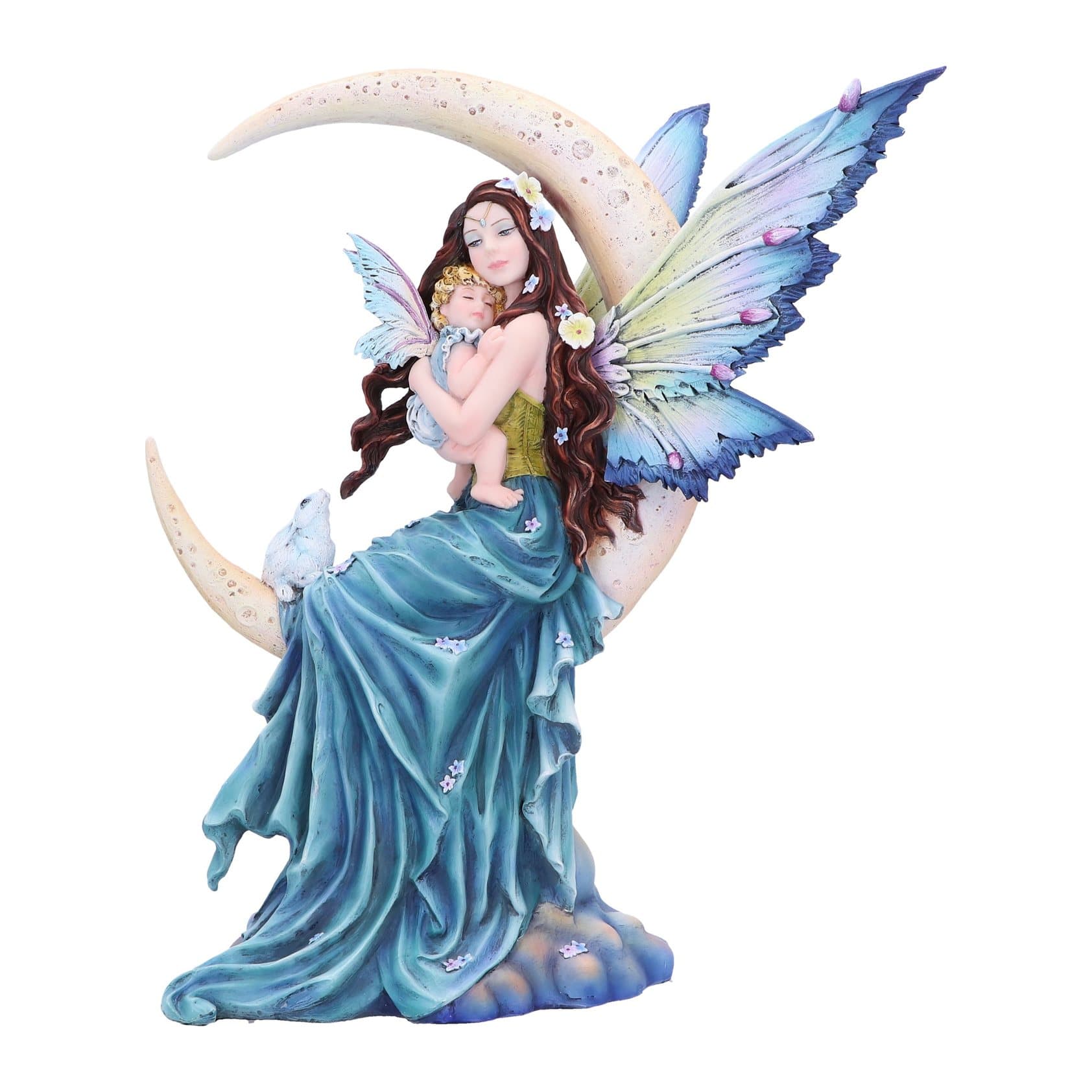 Fairy on a crescent moon holding her baby with a bunny looking up