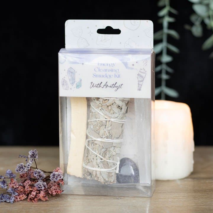 Kit with white sage bundle, palo santo stick, selenite wand and amethyst stone