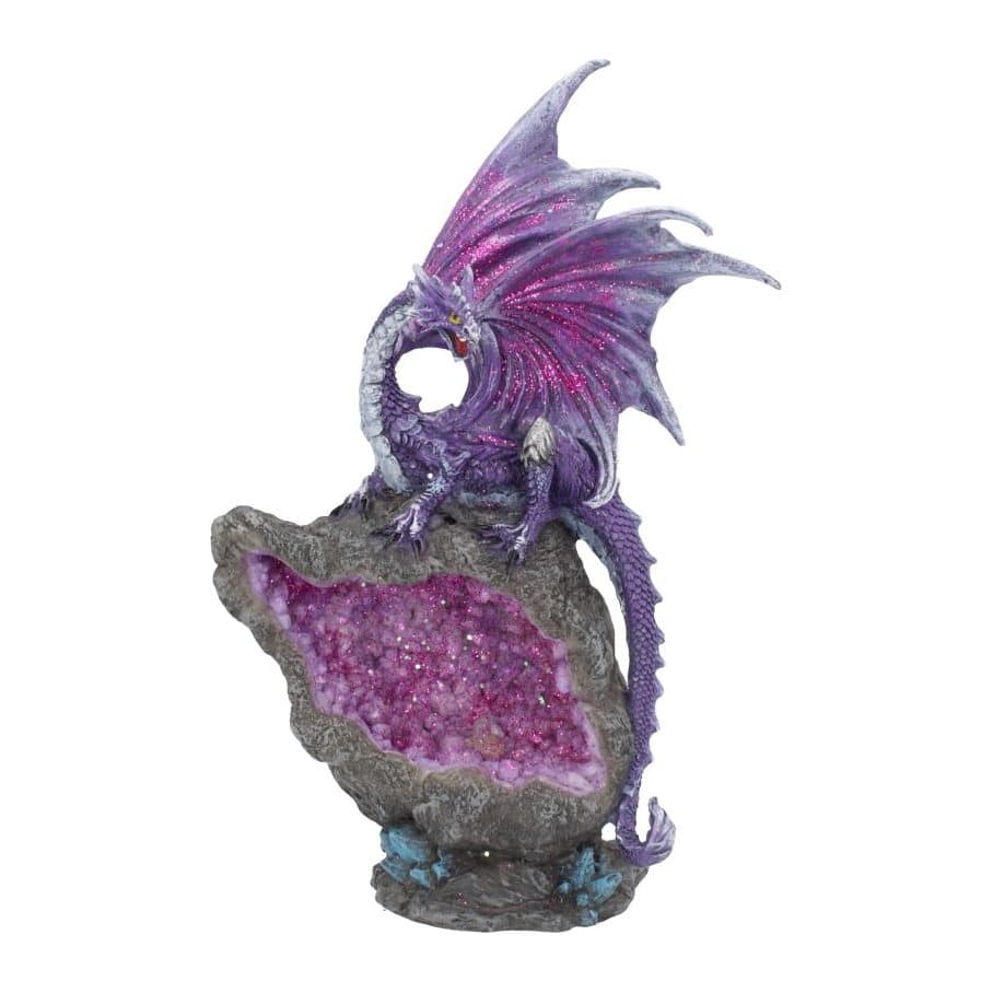 Purple dragon climbing over a split amethyst geode, hand-painted resin figurine