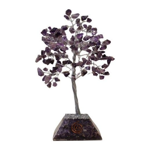 Small gemstone tree of purple amethyst chips on an orgonite base