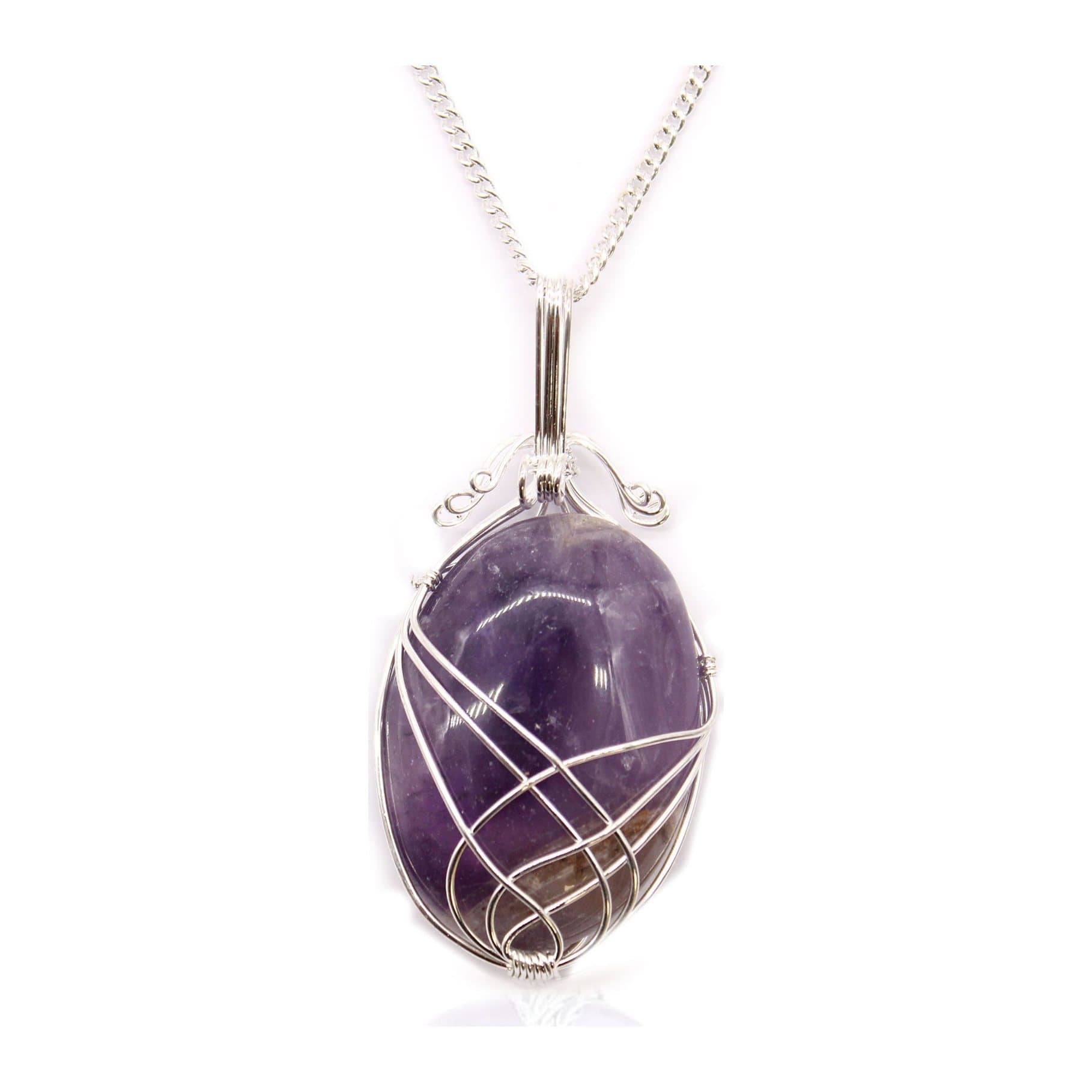 Swirl wrapped amethyst gemstone necklace on a chain