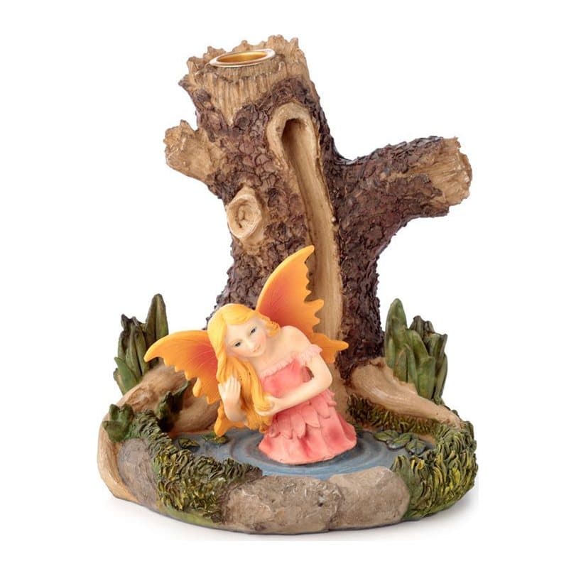 Resin and metal backflow incense burner with an ancient tree fairy lake design