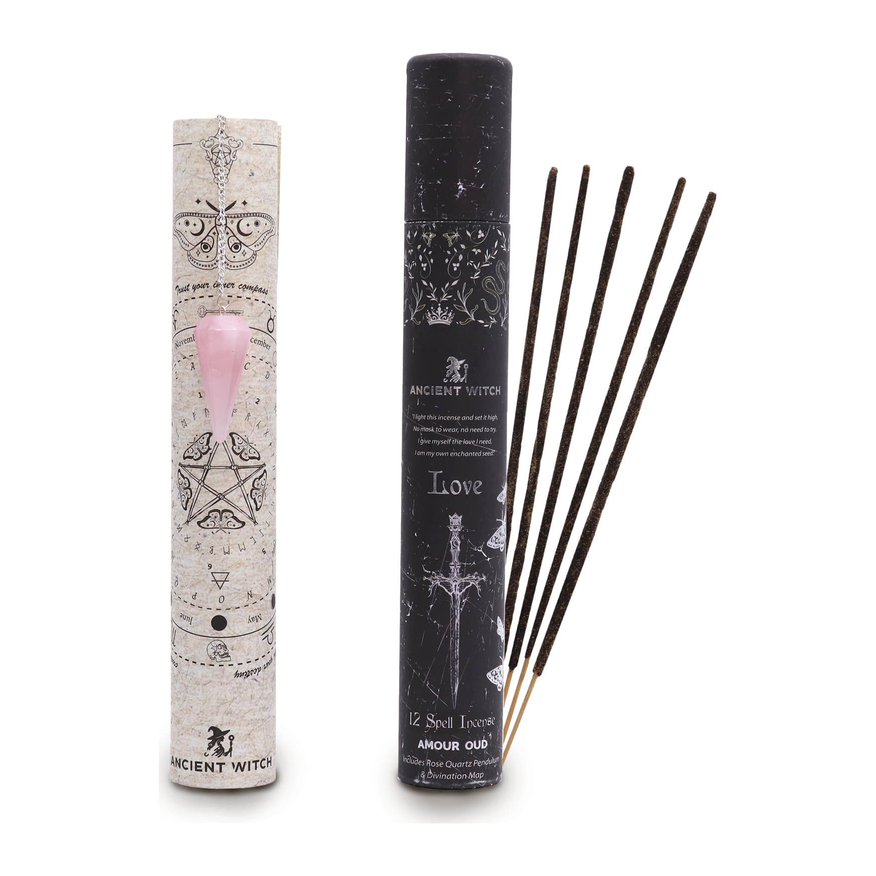 Love spell incense tube with sticks, rose quartz pendulum and map