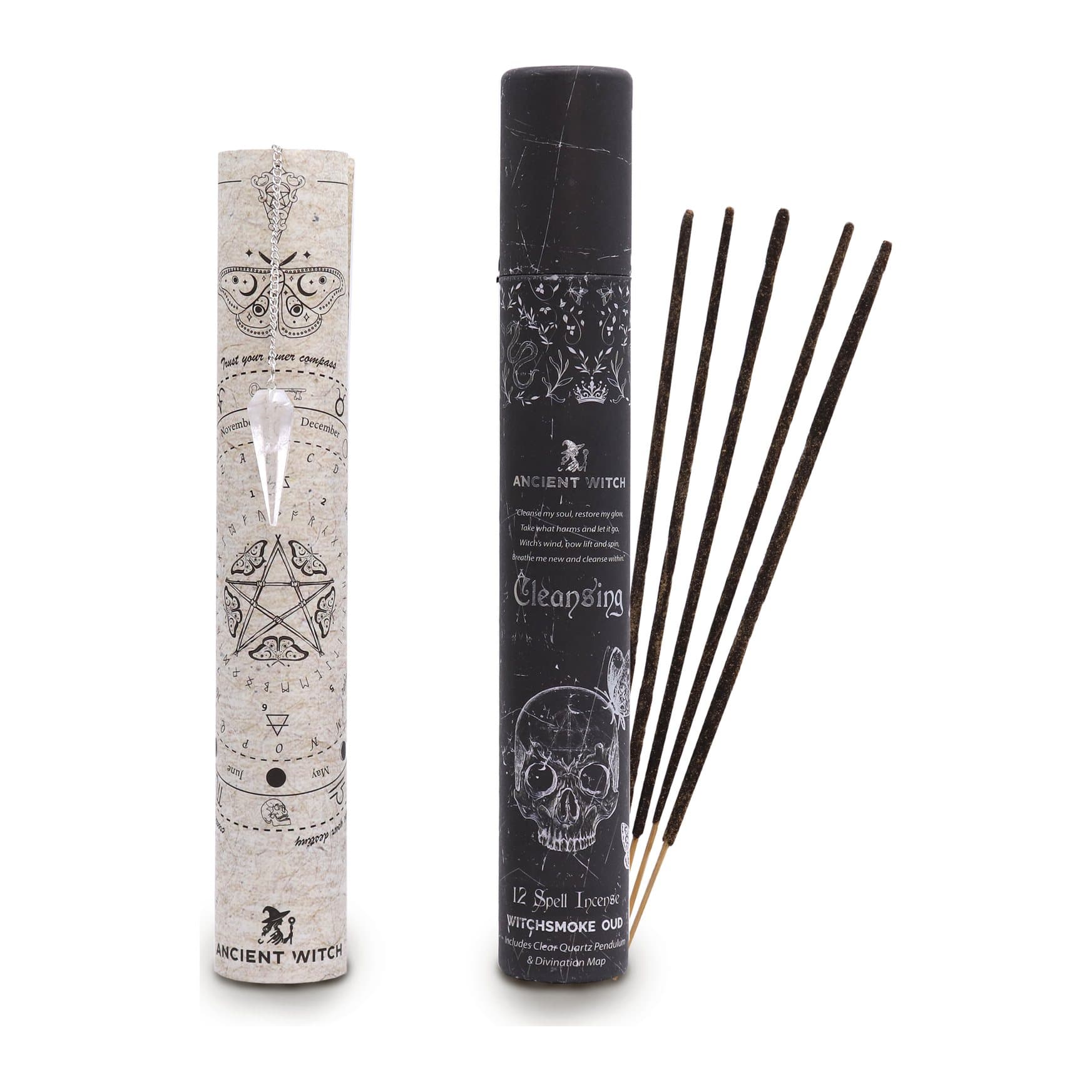 Matte black tube with oud incense sticks, a rock crystal pendulum and a divination map