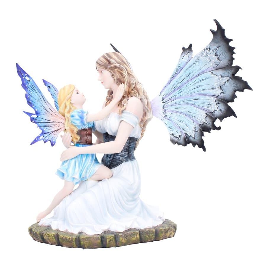 Kneeling fairy in a white dress embracing a child fairy on a rocky base