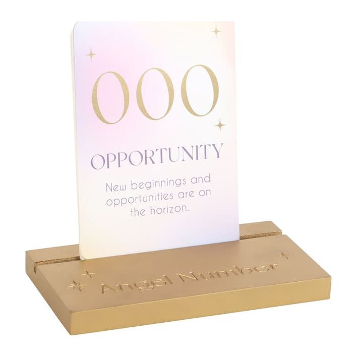 Angel number affirmation cards with a gold wooden stand