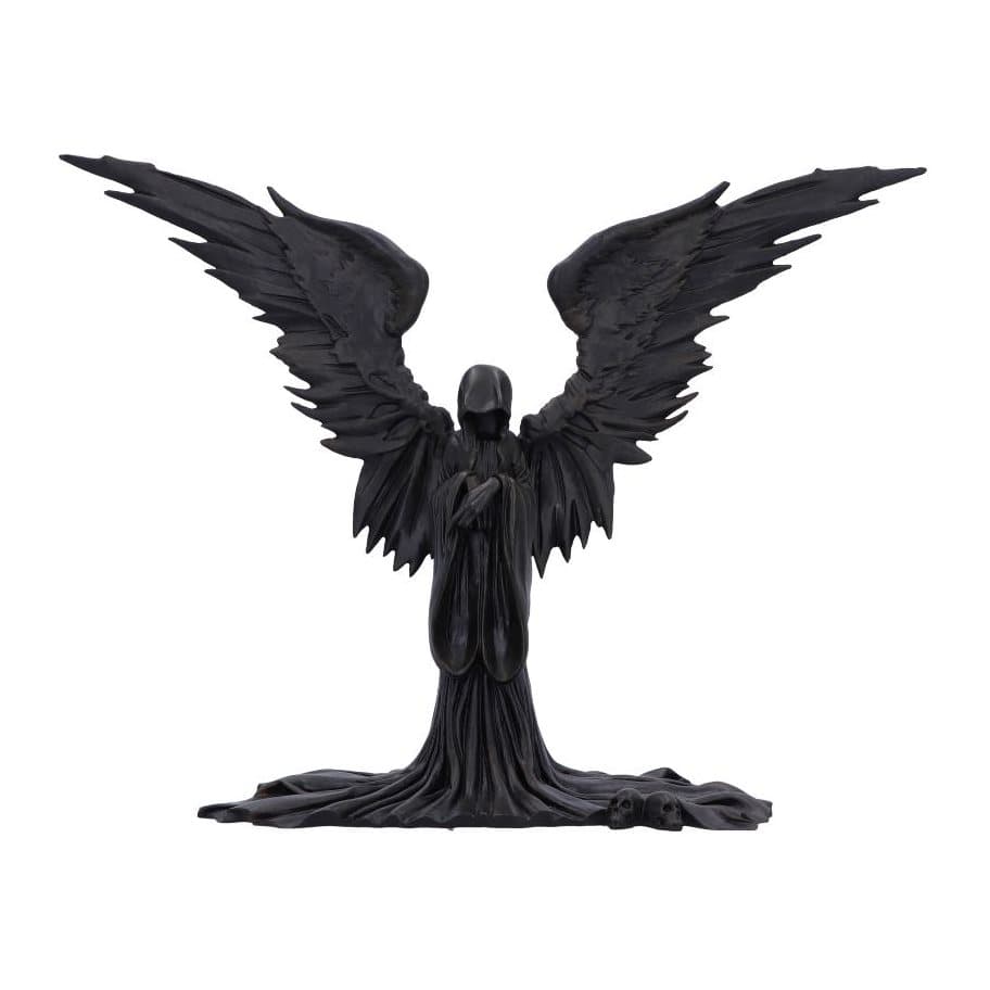 Hooded reaper figurine in a black robe with spread wings and two skulls