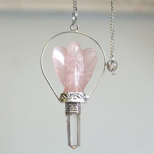 Rose quartz angel pendulum with pointed crystal end and ring-style frame