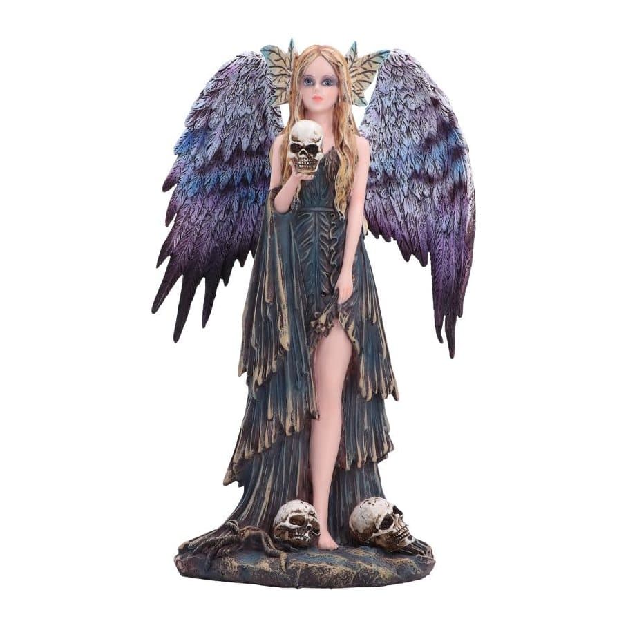 Gothic angel figurine with blue and purple wings holding a skull on a skull base