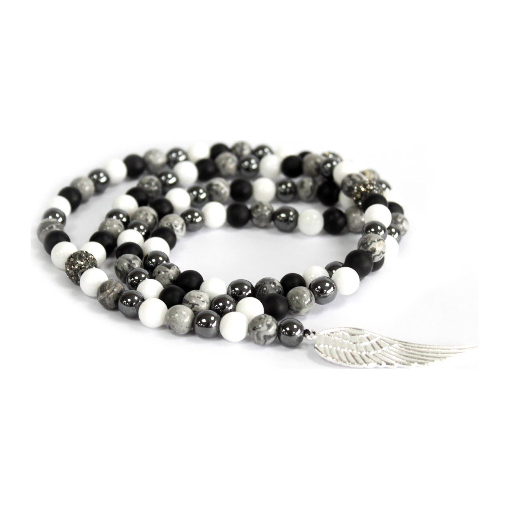 Grey agate gemstone necklace with beads and an angel wing pendant