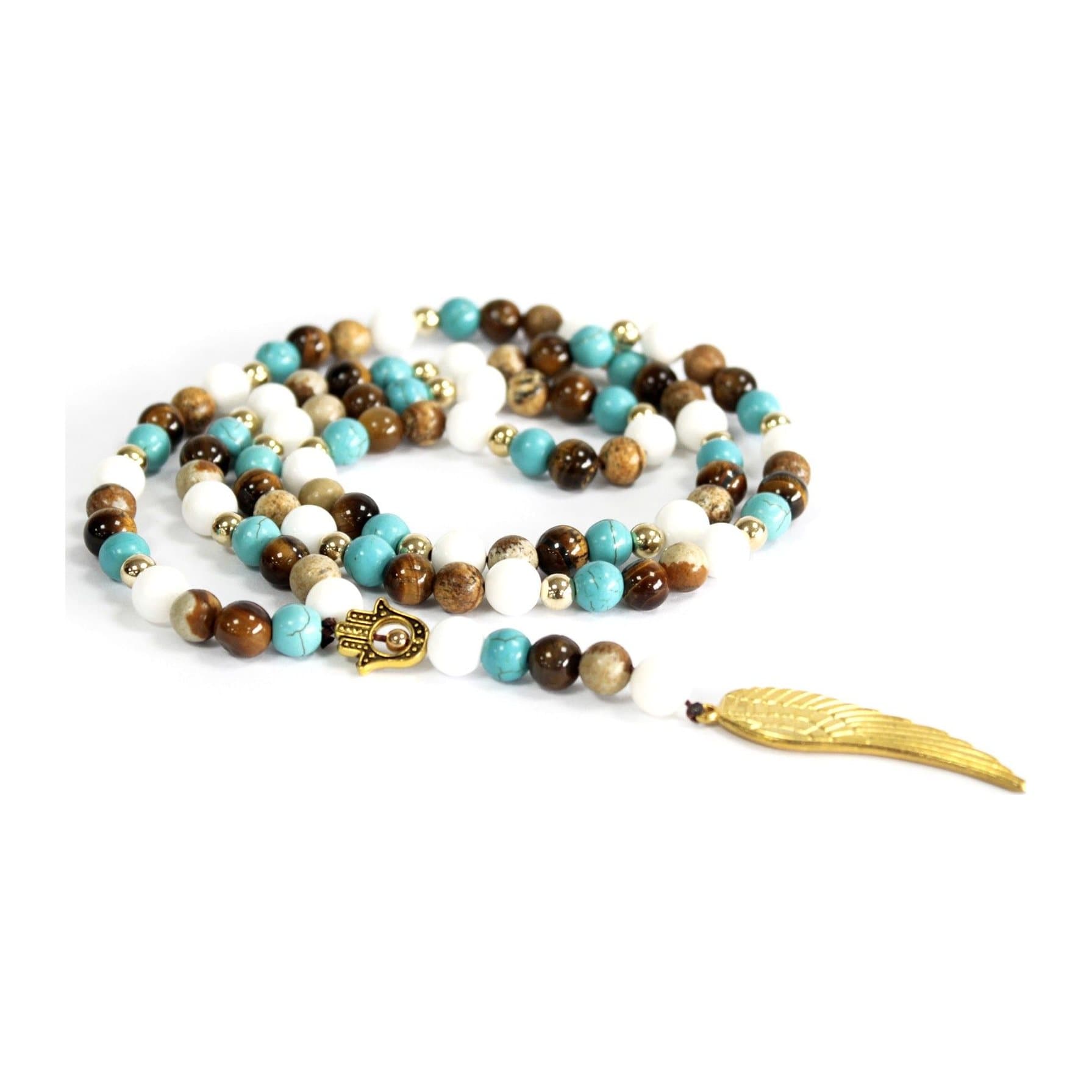 Boho multi beads gemstone necklace with an angel wing pendant