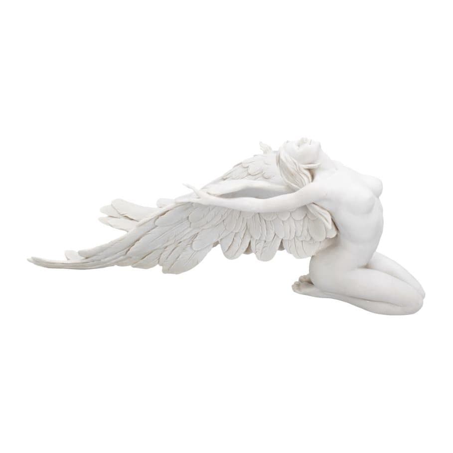 Kneeling resin angel figurine with wings thrown back and a distressed look