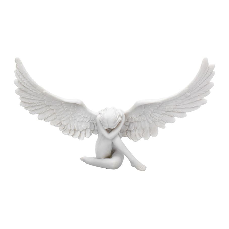 Seated resin angel with bowed head and spread wings in a distressed finish
