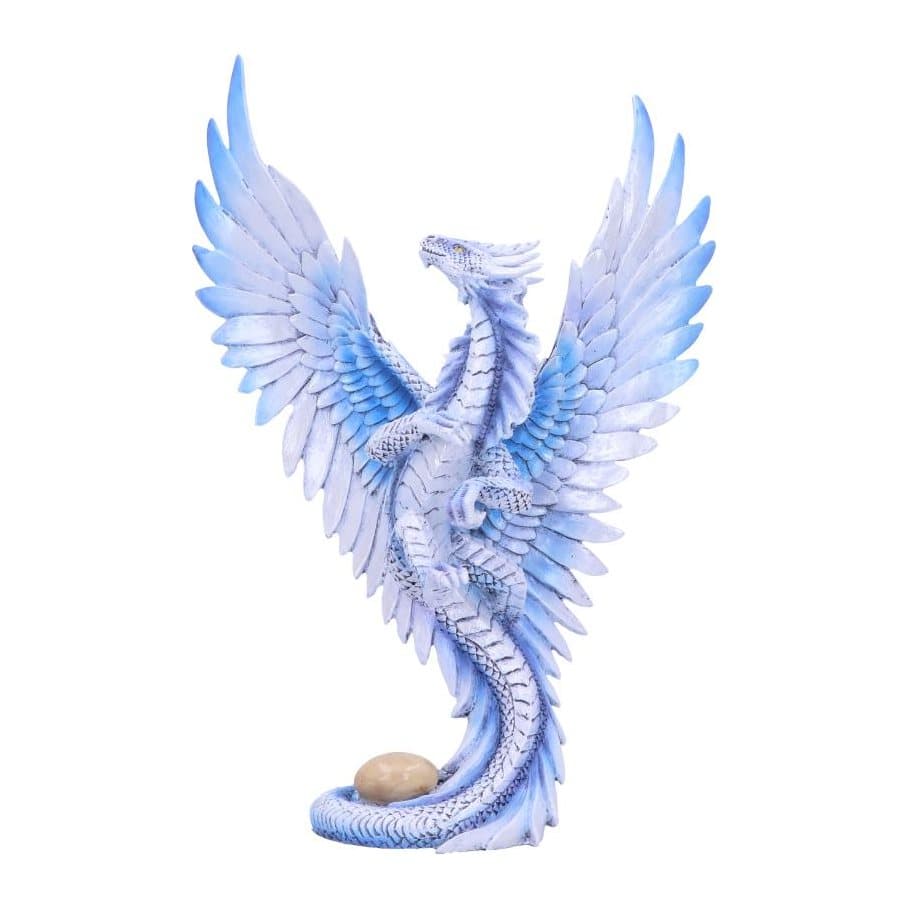 Hand-painted silver dragon with raised wings wrapped around her egg