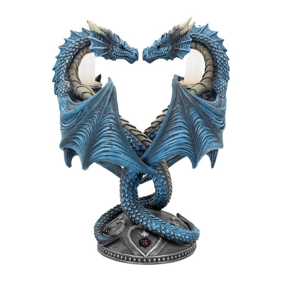 Two blue dragons forming a heart on a black base ringed with onyx gems